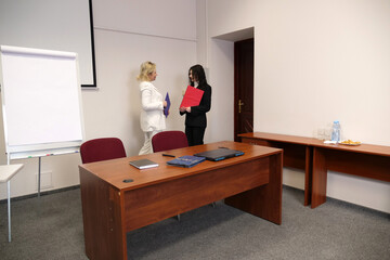 Two women discussing business issues, analyzing information.