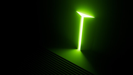 Bright green light spilling from a slightly ajar door, casting an illuminating glow across a dark room with stairs, symbolizing hope, new opportunities, and the allure of escape