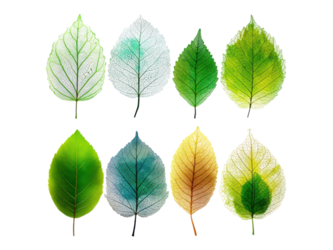 Eight translucent botanical specimens showcasing intricate vein patterns and varied coloration, Isolated, Transparent Png