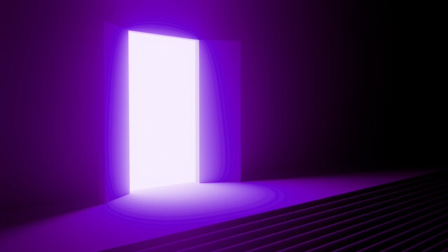 Glowing rectangular doorway illuminating mysterious purple room with stairs leading towards ethereal light source, creating a mystical and otherworldly atmosphere
