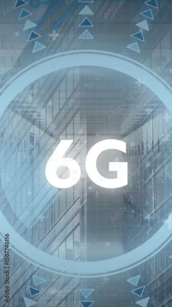 Poster animation of 6g data processing with hud on digital interface against office building