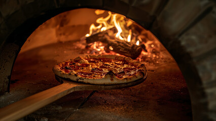 close up of an old wooden barrel with pizza