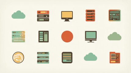 Flat icon set of cloud computing, servers, and data storage arranged on white background