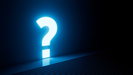 Large, luminous question mark emanates a bright blue light, illuminating a dark room with a set of steps leading towards the enigmatic symbol, creating a mysterious and intriguing atmosphere