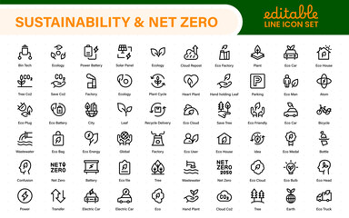 Set of sustainability and Net Zero, environmental, ecological, recyling, green, organic, industry thin line icons. Linear ecology simple symbol collection.