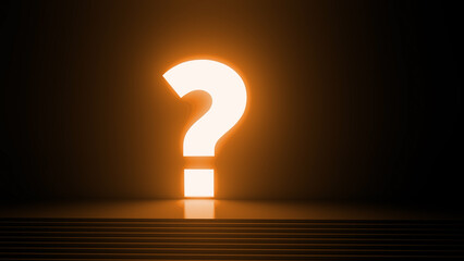 Large, illuminated question mark hangs above a set of stairs in a darkened room, creating a sense of mystery and intrigue, inviting exploration and discovery