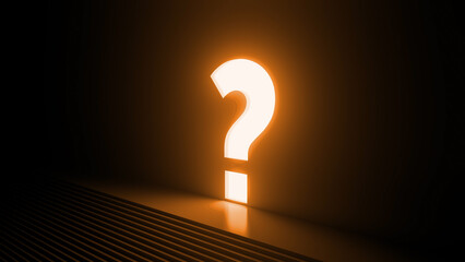 Glowing question mark illuminating a dark room filled with stairs, representing curiosity, mystery, and the ongoing quest for answers and knowledge in the unknown