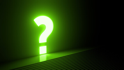 Large, luminous green question mark dominates a dark room, casting an eerie glow on the steps leading towards it, symbolizing mystery, inquiry, and the search for answers in the unknown