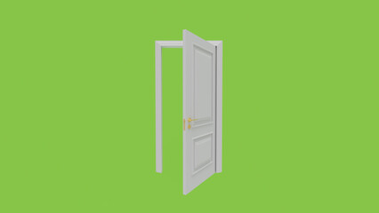 Classic white door with golden handle slightly opening on a vibrant green screen background, perfect for keying and compositing in video production and motion graphics