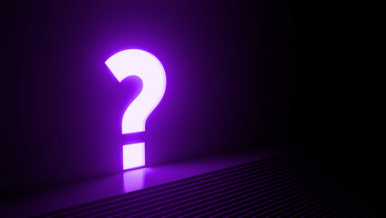 Large, glowing purple question mark stands in a dark room, illuminating the steps leading towards it, creating a mysterious and intriguing atmosphere
