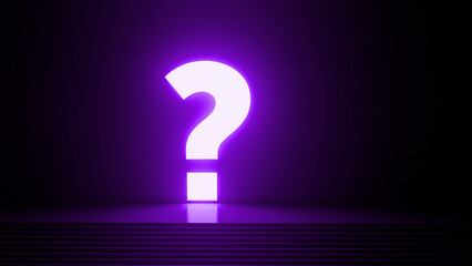 Bright purple neon question mark glowing in a dark room with steps, creating an atmosphere filled with mystery and intrigue, inviting curiosity and contemplation about the unknown
