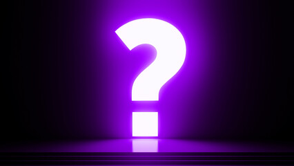 Large, luminous white question mark stands in a dimly lit room, bathed in a vibrant purple glow, creating an atmosphere of mystery and intrigue, raising questions and prompting curiosity