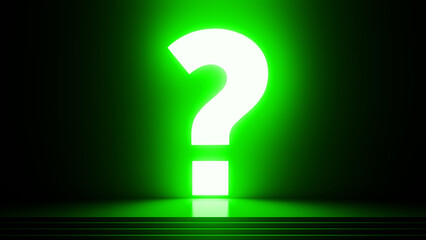 Large, luminous green question mark dominates a dark room, casting a vibrant glow on a stepped platform, creating an atmosphere of mystery and inquiry