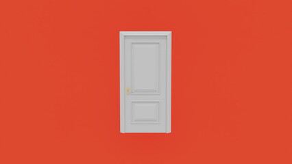 White closed door with golden doorknob on a vivid red wall, creating a minimalist composition symbolizing mystery, opportunity, new beginnings, and the unknown