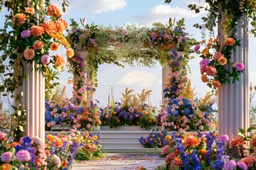 Vibrant Color Image of Wedding Altar, Outdoor with Colorful Flowers