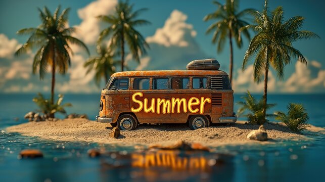 Creative Summer Island: Artistic Word & Retro Van for Cultural Creative Design & Island - themed Materials