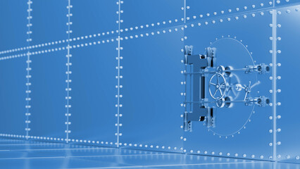 Open vault door revealing the complex locking mechanism of bolts and a combination dial, emphasizing security and access within a fortified environment