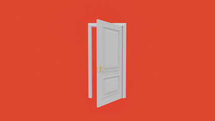 Slightly opened white door with golden handle stands out against a vibrant red background, creating a vivid contrast and suggesting new possibilities and the concept of transition