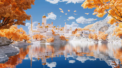 Dreamlike Autumn Landscape with Golden Trees and White Architecture Reflected on Calm Water, Serene Fantasy Scene Under a Clear Blue Sky