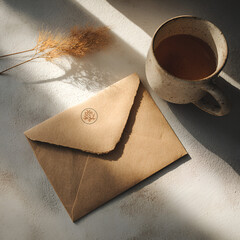 Kraft paper envelope with floral wax seal and coffee cup on white table. aesthetics of eco items....