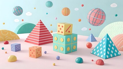 Colorful 3D Geometric Shapes, Objects, and Background in Pastel Style