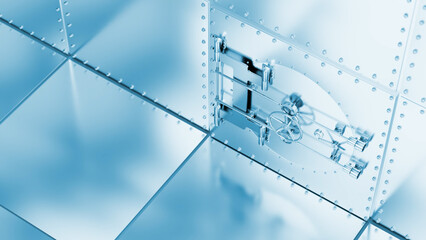 Complex mechanism of an open vault door is visible, surrounded by large metal plates, creating a secure and impenetrable atmosphere in blue tones
