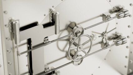 Displaying a complex vault door mechanism with interlocking gears, levers, and bolts, emphasizing robust security for protecting valuable financial assets