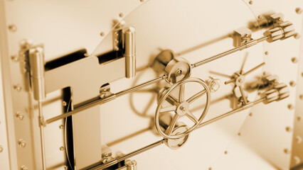Complex locking mechanism of a golden vault door is displayed, showcasing the intricate details of security and protection for valuable assets