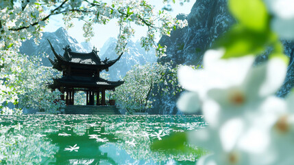 Serene Water Reflection of Oriental Temple Surrounded by Blooming Flowers and Lush Greenery, Peaceful and Scenic Landscape