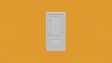 Minimalist composition featuring a closed white door set against a vibrant orange wall, creating a sense of mystery, intrigue, and potential within an interior space