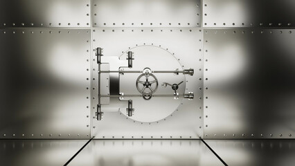 Round closed metal vault door with bolts and wheel handle in bank high security room shows safe financial savings and secure storage concept