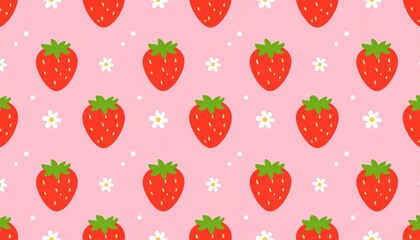 A repeating pattern of bright red strawberries and white flowers on a pink background.
