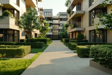 Detailed Color Picture of Modern Apartment Buildings with Green Courtyard