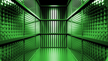 Shiny green gold bars are neatly stacked on shelves inside a secure vault room, creating a visually striking and evocative image of wealth and security