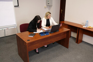 Two women discussing business issues, analyzing information.