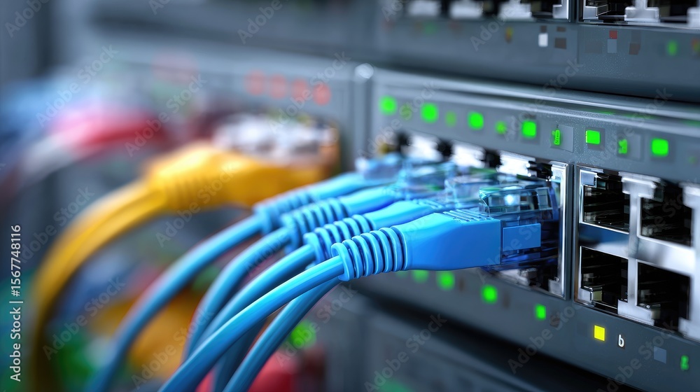 Poster network cables plugged into switch with status lights blinking in server room