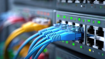Network cables plugged into switch with status lights blinking in server room
