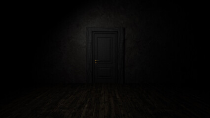 Closed black door with golden handle in a dark room with wooden floor and grunge concrete wall creating a mysterious and suspenseful atmosphere