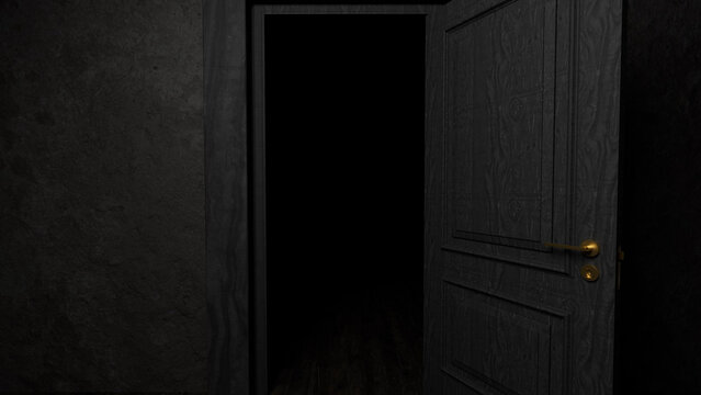 Slightly opened black wooden door revealing a dark, empty room with a wooden floor, evoking a sense of mystery and suspense, inviting thoughts of the unknown and hidden secrets