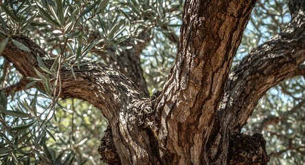 Fototapeta premium Close up of an olive tree trunk with branches and leaves against a blurred background of more trees