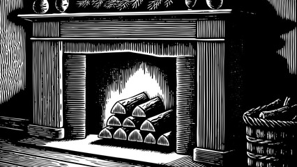 cozy fireplace with firewood and mantle, great for winter holiday branding, lodge-themed decor or cozy living ads vector a black and white line art illustration