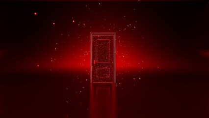 Vibrant red glowing door stands in a dark room, surrounded by sparkling particles, representing opportunity, new beginnings, and the potential for exciting possibilities