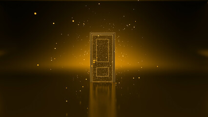 Shimmering golden door stands in a dark room, surrounded by glowing particles, symbolizing new opportunities, success, and a bright future
