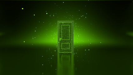 Particles are forming a bright glowing door in a dark green room, symbolizing opportunity, choice, decision making, new beginnings, and the future