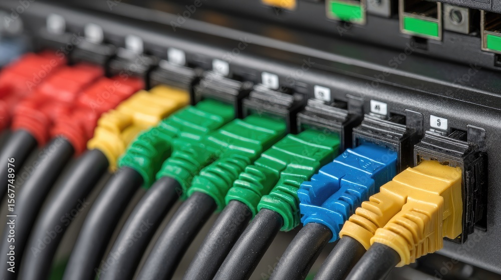 Poster server cable bundle with color-coded connections and fast ethernet switches