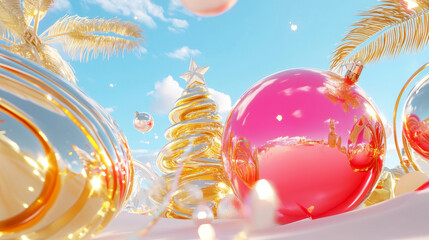 Festive Holiday Scene with Shiny Pink and Gold Ornaments, Christmas Tree and Palm Trees, Creating a Bright and Surreal Celebration Atmosphere