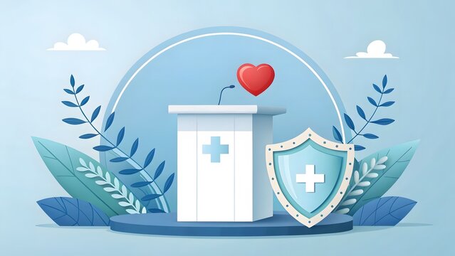 Medical Podium and Shield with Heart Symbol for Healthcare Presentation - Powered by Adobe