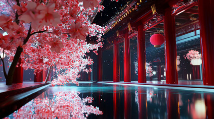 Traditional Asian Interior with Cherry Blossoms, Red Lanterns, and Glowing Reflections, Creating a Serene and Elegant Celebration Space