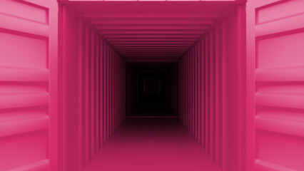 Open pink storage container doors creating a tunnel effect leading to a dark and mysterious space, evoking themes of shipping, logistics, and the unknown