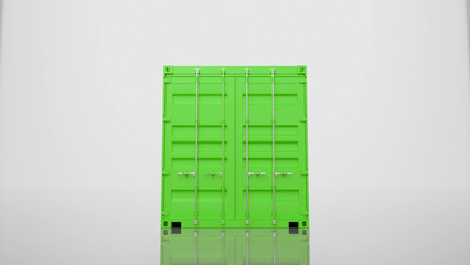 Closed green shipping container standing on a reflective white floor in a white room represents concepts such as global trade, logistics, and cargo transportation